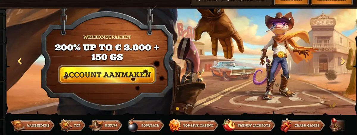 Dutch casino homepage hero banner with a Wild West scene, wooden sign “Welkomstpakket 200% up to €3.000 + 150 GS” and a large yellow “Account aanmaken” (create account) button above a category navigation bar.