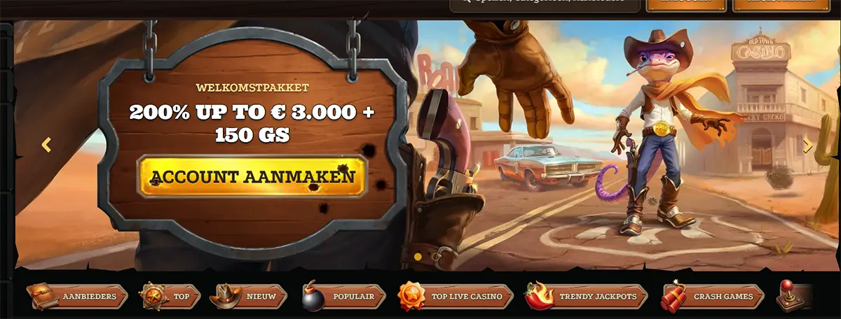 Dutch casino homepage hero banner with a Wild West scene, wooden sign “Welkomstpakket 200% up to €3.000 + 150 GS” and a large yellow “Account aanmaken” (create account) button above a category navigation bar.