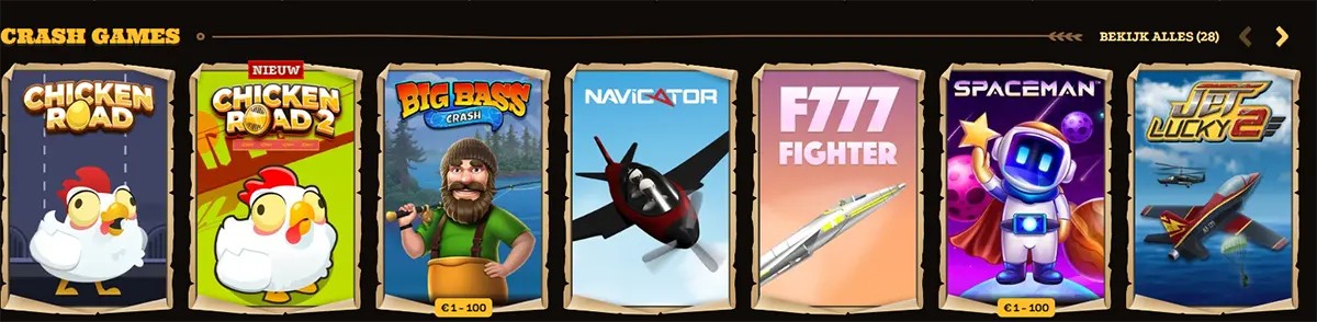 Dutch casino “Crash Games” row showing game tiles for Chicken Road, Chicken Road 2, Big Bass Crash, Navigator, F777 Fighter, Spaceman, and Jet Lucky, with “Bekijk alles (28)” navigation on the right.