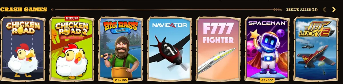 Dutch casino “Crash Games” row showing game tiles for Chicken Road, Chicken Road 2, Big Bass Crash, Navigator, F777 Fighter, Spaceman, and Jet Lucky, with “Bekijk alles (28)” navigation on the right.