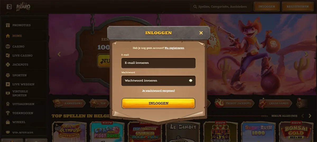 Dutch casino login popup “Inloggen” with email and password input fields, a “Je wachtwoord vergeten?” (forgot password) link, and a large yellow “INLOGGEN” button over a blurred game lobby background.