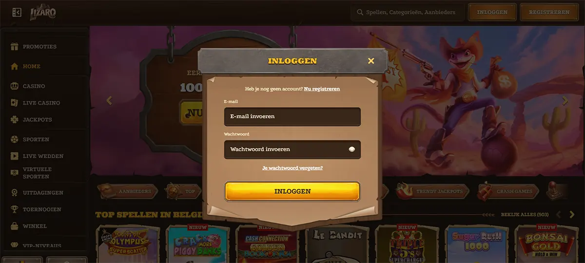 Dutch casino login popup “Inloggen” with email and password input fields, a “Je wachtwoord vergeten?” (forgot password) link, and a large yellow “INLOGGEN” button over a blurred game lobby background.